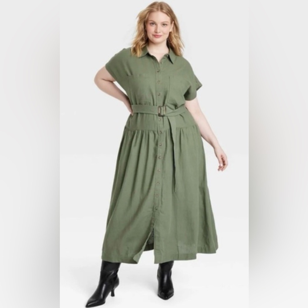 Universal Thread Olive Green Button-Front Maxi Shirt Dress